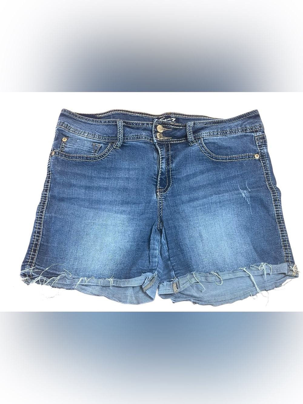 Seven7 Denim Jean Shorts in Blue Wash embellished distressed